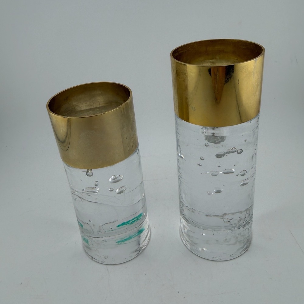 Nybro Crystal Sweden Candle Holders Set Clear/Gold‎ MCM Bubbles Vintage